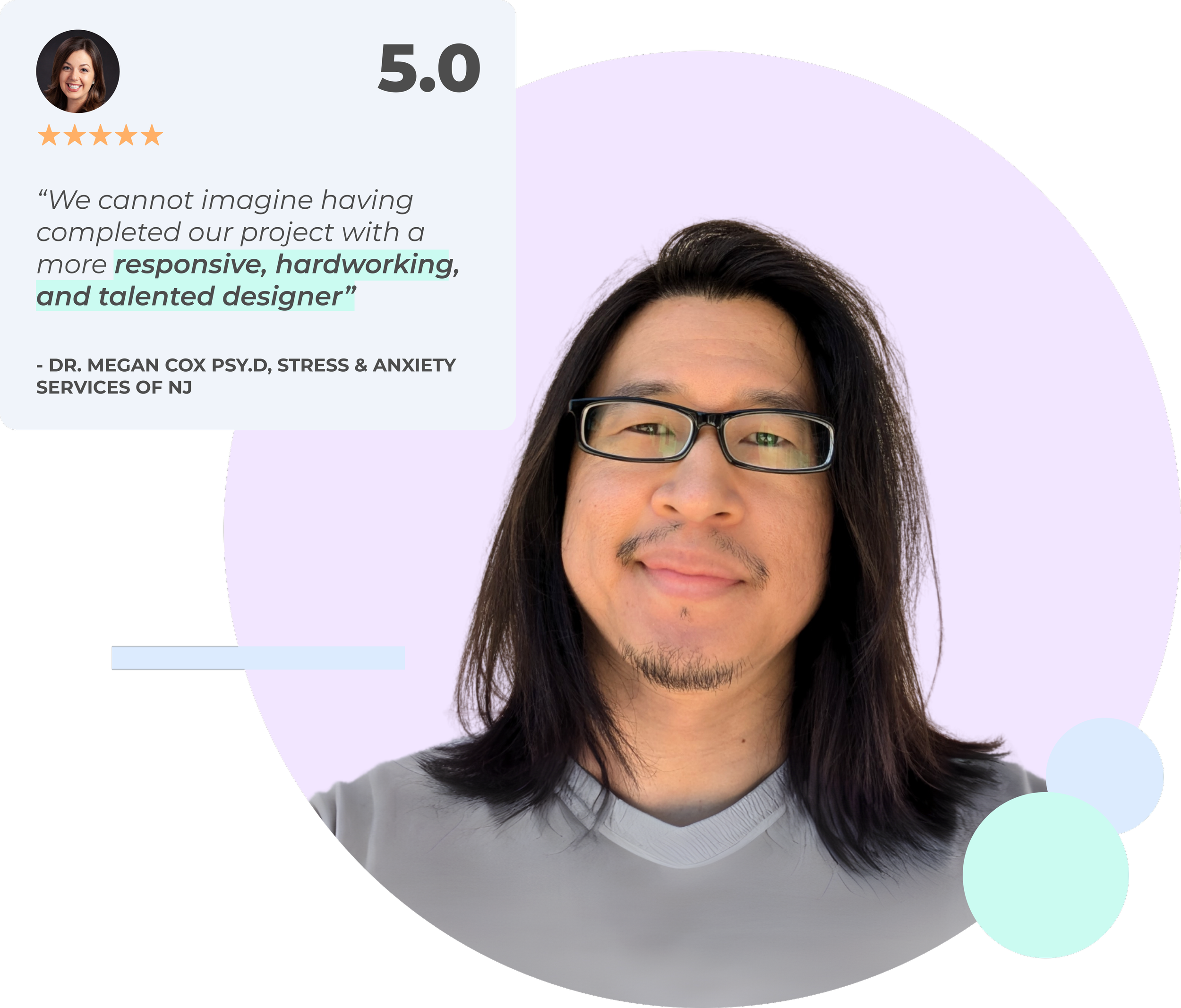 Alan, a digital designer and marketer specializing in HIPAA-aware websites and digital marketing for therapists, with client feedback displayed.