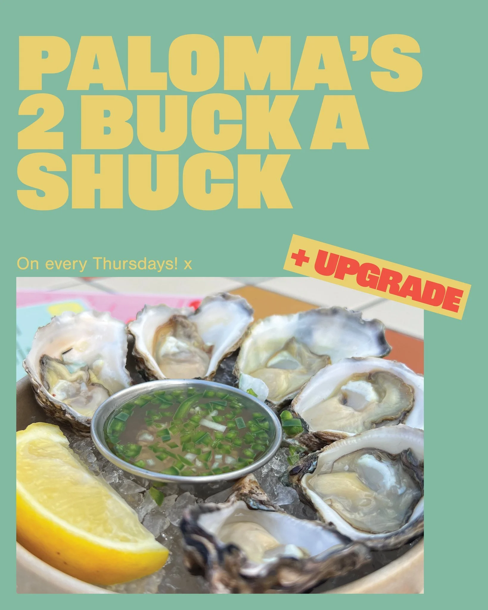 Thursdays are for slurpin&rsquo; and sippin&rsquo;. 🦪🍹

$2 oysters, $2 empanadas &mdash; and if you&rsquo;re feeling spicy, level it up with a $6 oyster shot or a $14 michelada.

Sunshine, seafood, and good times only at Paloma&rsquo;s. ☀️💋

#TwoB