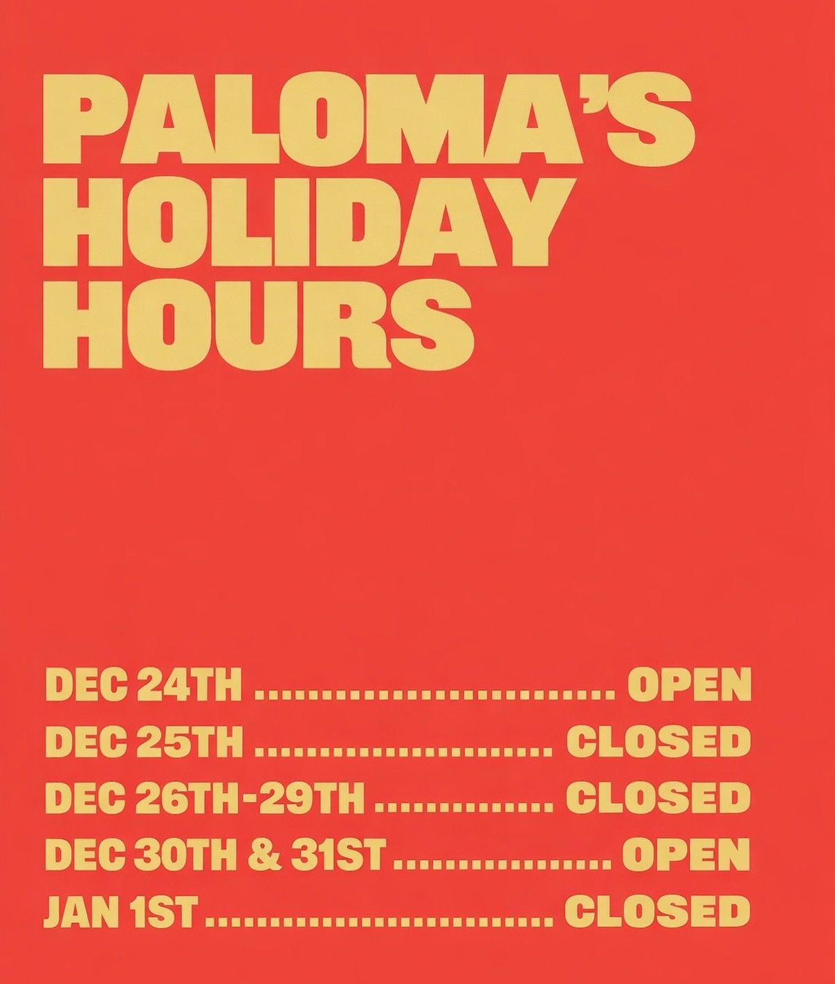 Margarita planning made easy.🍹

We&rsquo;re open Dec 24, back on deck Dec 30 &amp; 31, and taking a little siesta in between.

Closed Christmas Day &amp; New Year&rsquo;s Day.