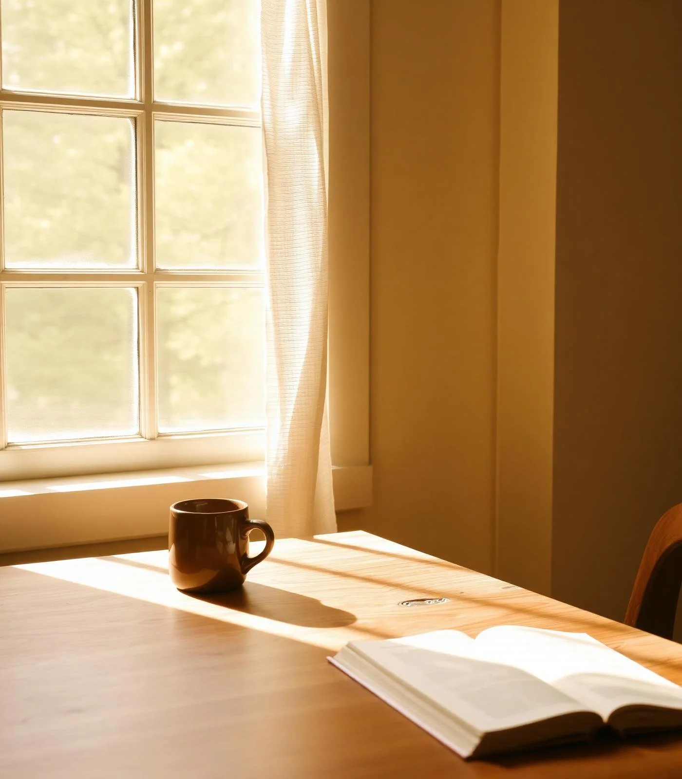 Sunlight streaming through a window with curtains, illuminating a wooden table with a black mug and an open book.