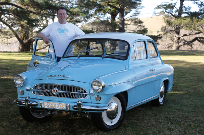 Tracy Nickl with his blue 1959 Skoda Octavia