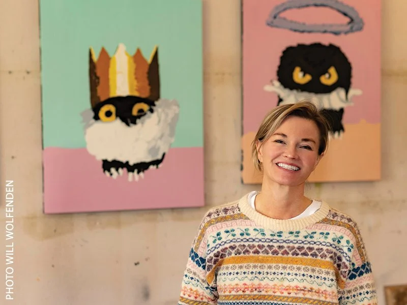 artist Vanessa Stockard pictured with kitten character Kevin