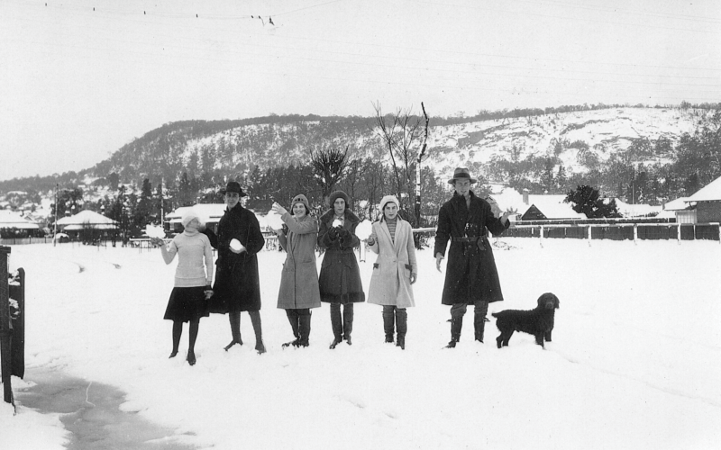 VIEW FROM CORBETT GARDENS TOWARDS THE GIB AFTER A HEAVY SNOWFALL IN SEPTEMBER 1931; VISITORS TO TULIP TIME IN 1964.