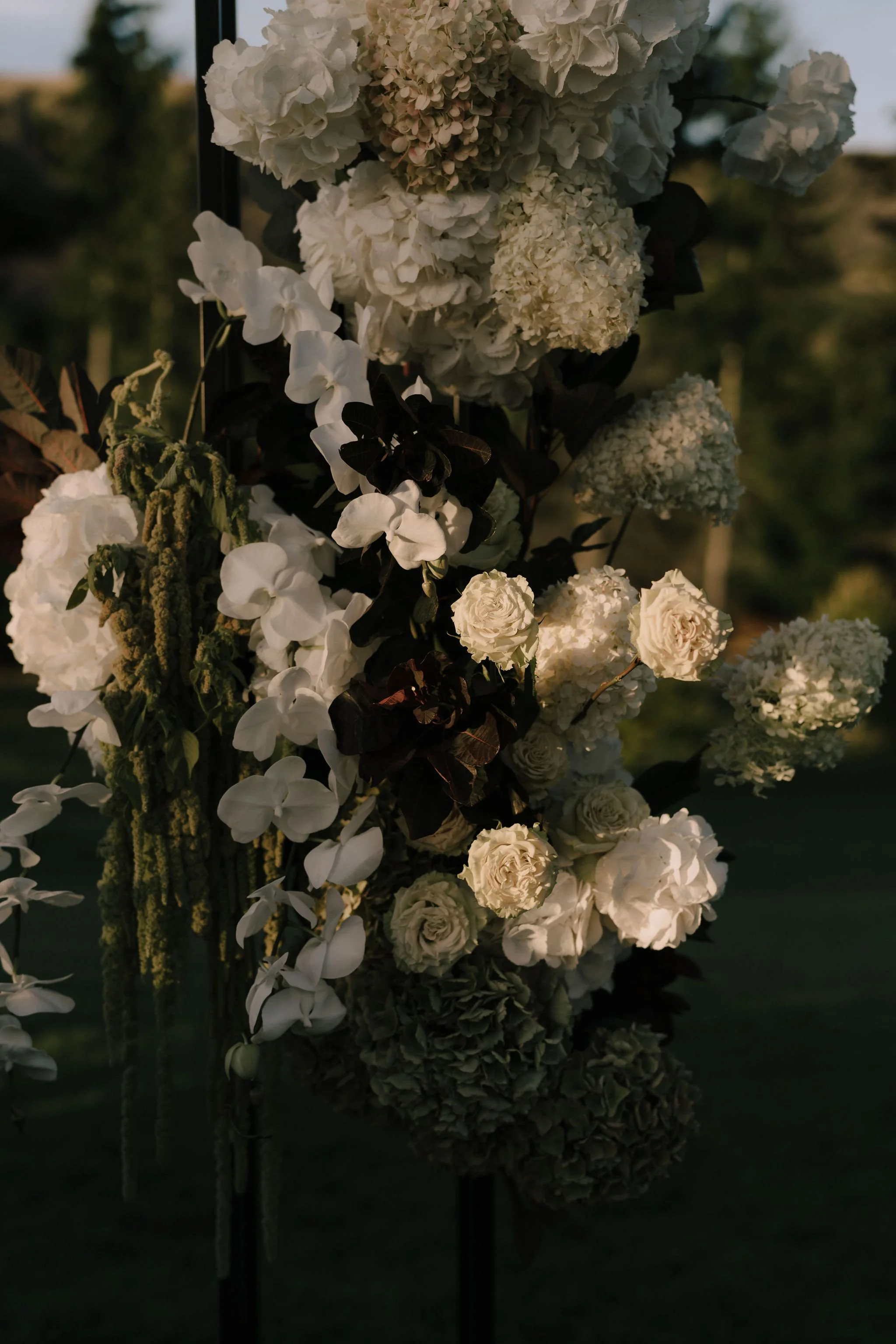 A vertical arrangement of white hydrangeas, roses, and other white flowers with dark foliage, illuminated by soft light.