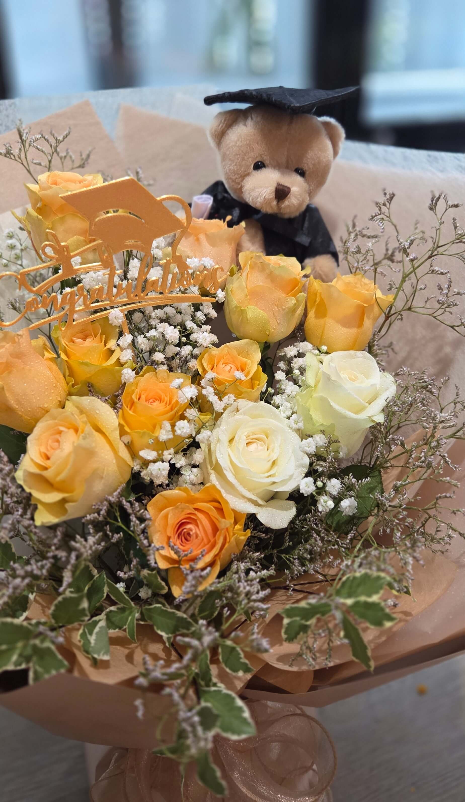 #G37 Graduation Peach Rose Bouquet with Teddy Bear