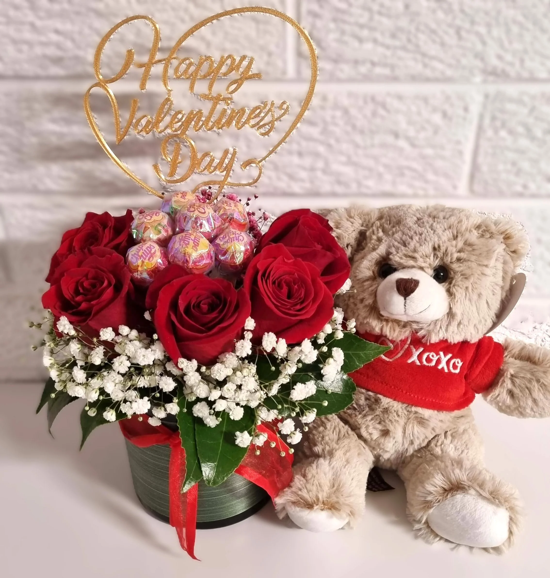 #VD30 Sweetheart Surprise Red Roses in Glass vase with Teddy
