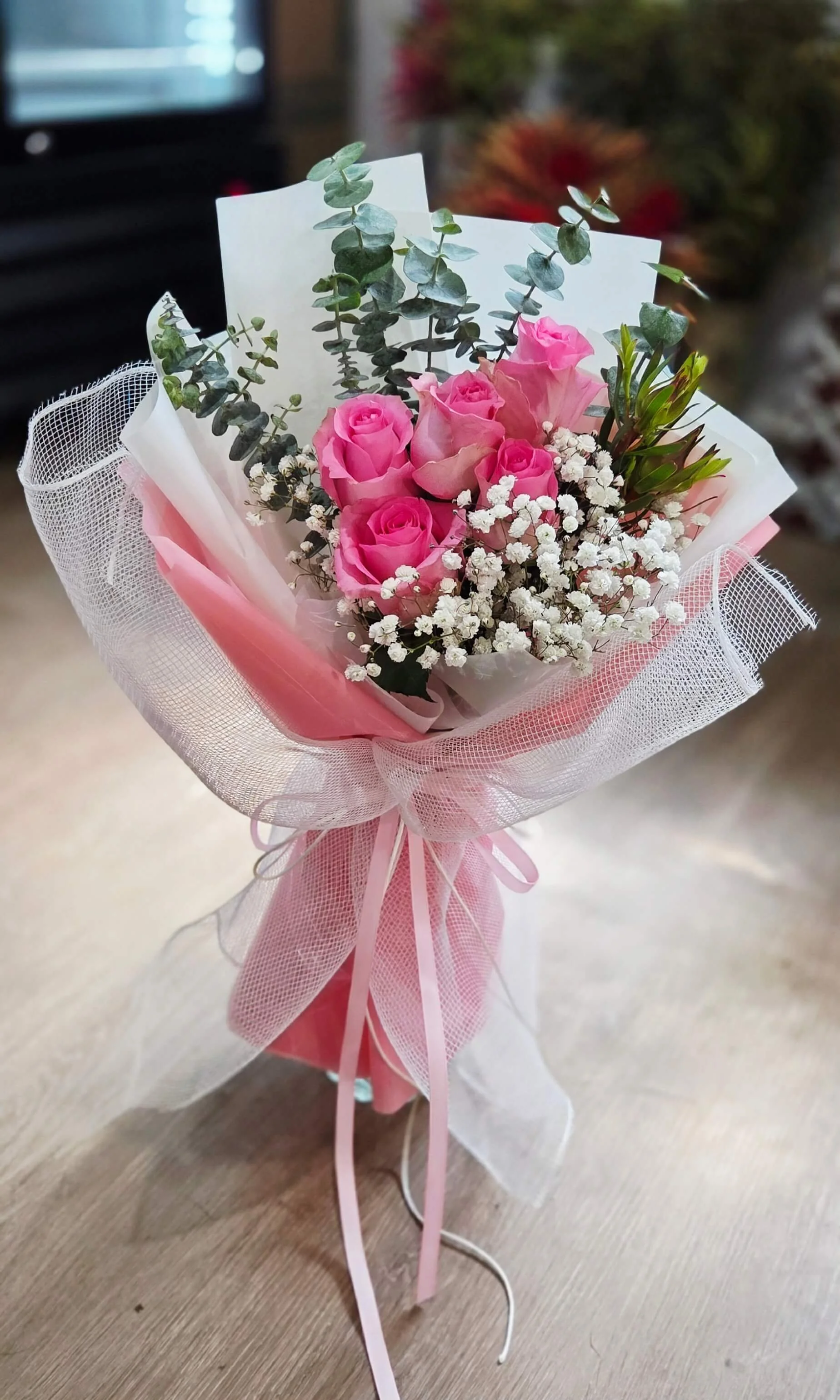 #A17 Pink Roses & Baby's Breath Bouquet
