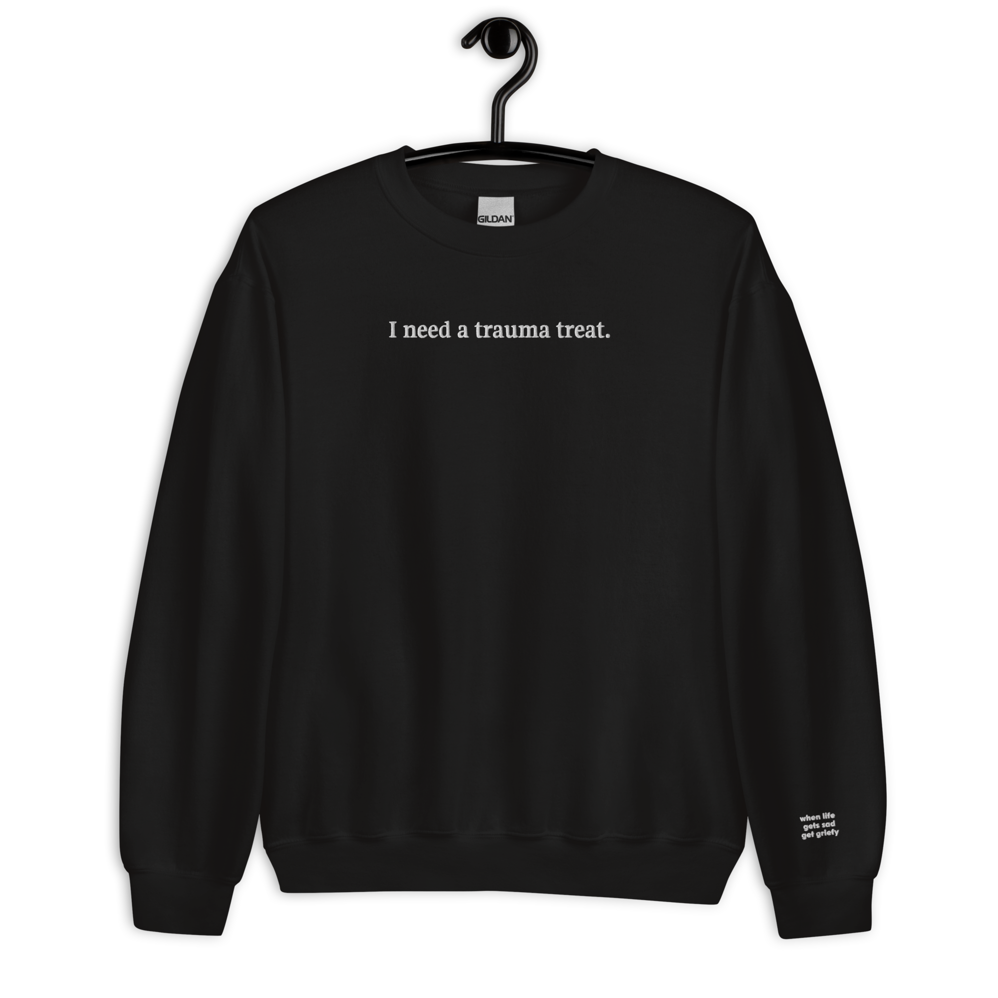 I need a trauma treat black pullover sweatshirt with white embroidery