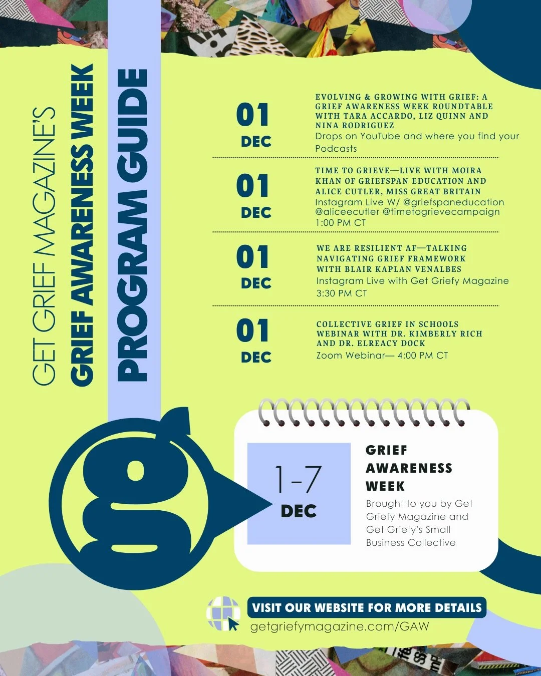 So much live content scheduled this week in honor of Get Griefy Magazine&rsquo;s grief awareness week&mdash;if you weren&rsquo;t aware before, you are now 🙃 check out our events page on our website to see the full line up and get links to webinars a