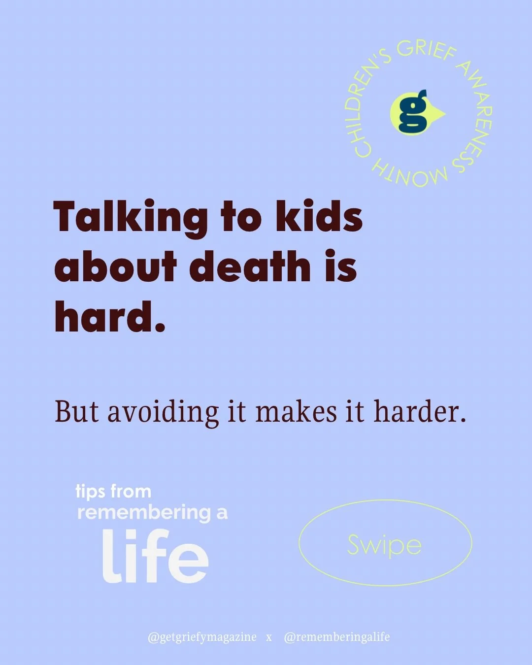 In honor of the last official day of Children&rsquo;s Grief Awareness Month, we are proud to partner with @rememberingalife to share their tips on children and funerals. To learn more, check out the full resource at rememberingalife.com/products/yout