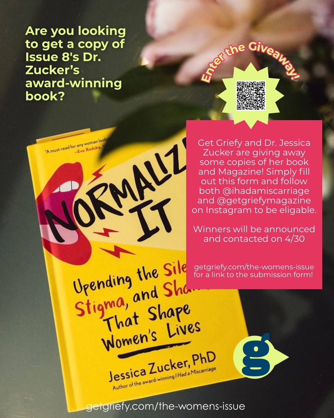 Get Griefy magazine and @ihadamiscarriage are doing a giveaway! Be sure to visit our website to fill out an entry form and be sure to follow us! Entries close on 4/30. *US readers only* #getgriefy #normalizeit #womensgrief #grief #womensissue