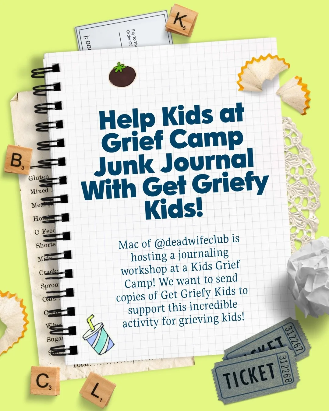 Let&rsquo;s help @deadwifeclub with issues of Get Griefy Kids! Mac is hosting a journaling/collage workshop and we&rsquo;d love to send copies of Get Griefy kids to use! Comment Journal and we&rsquo;ll send the link to donate a copy! Each copy is $15
