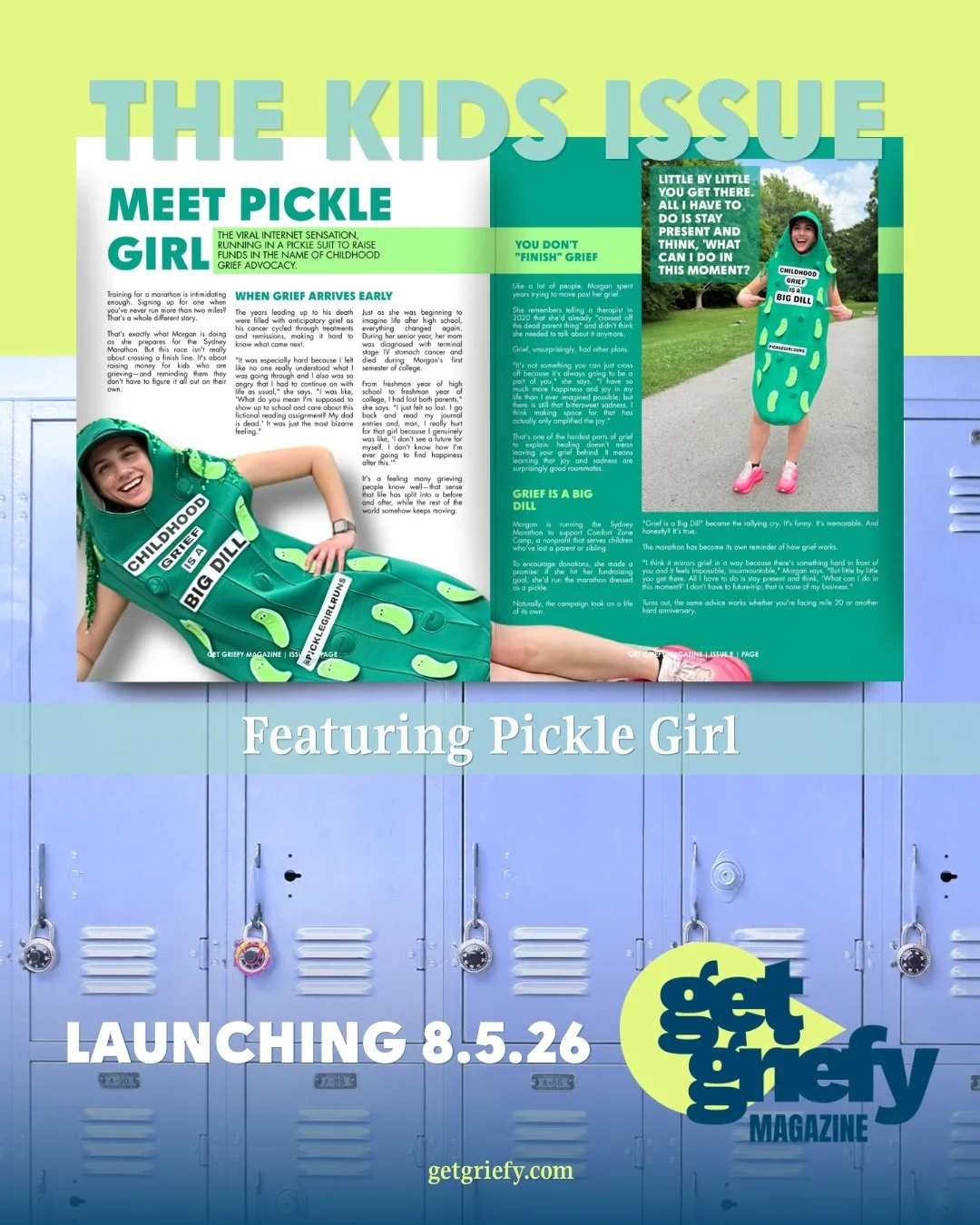 Meet our current internet obsession, the Griefy gherkin everyone is rooting for, @picklegirlruns 🥒🏃🏻&zwj;♀️ read her story of childhood grief turned to childhood grief advocacy with her putting on the miles in support of @comfortzonecamp ❤️ launch