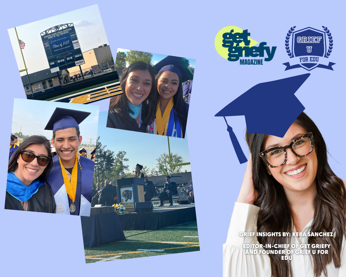 A collage image of Kera Sanchez with various images throughout her experience in Secondary Education on Graduation day with her students.
