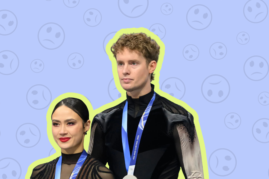An image of stoic Madison Chock and Evan Bates after losing the gold medal to France.