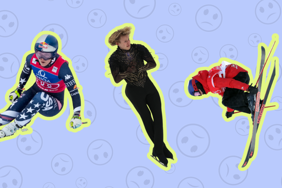 A collage of winter athletes competing at the Olympics