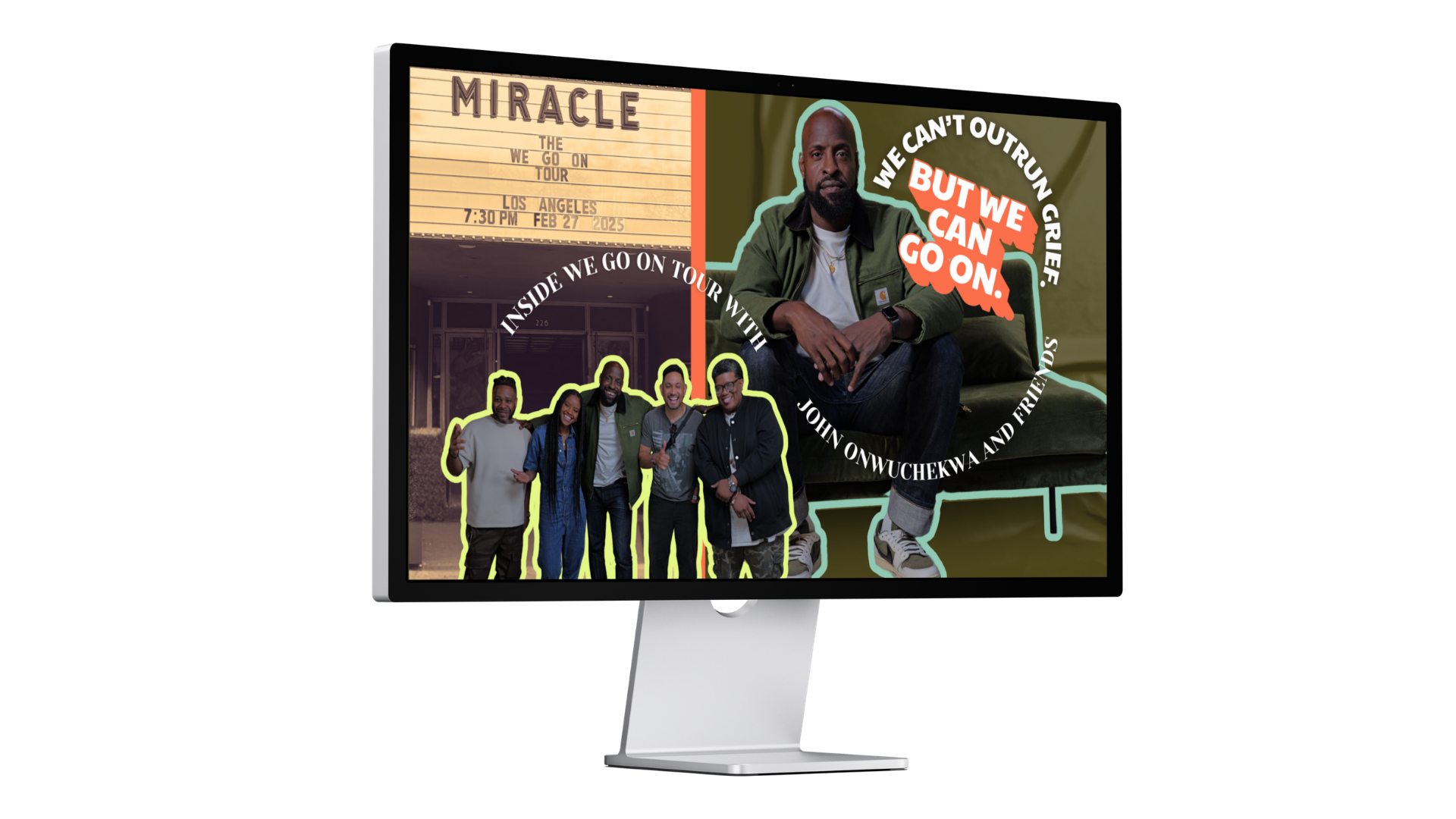 Digital collage promoting a comedy tour, featuring a photograph of a man sitting on a couch with hand on knee, a group of five diverse people standing with arms around each other, a vintage theater marquee with tour details, and stylized text with tour slogans.