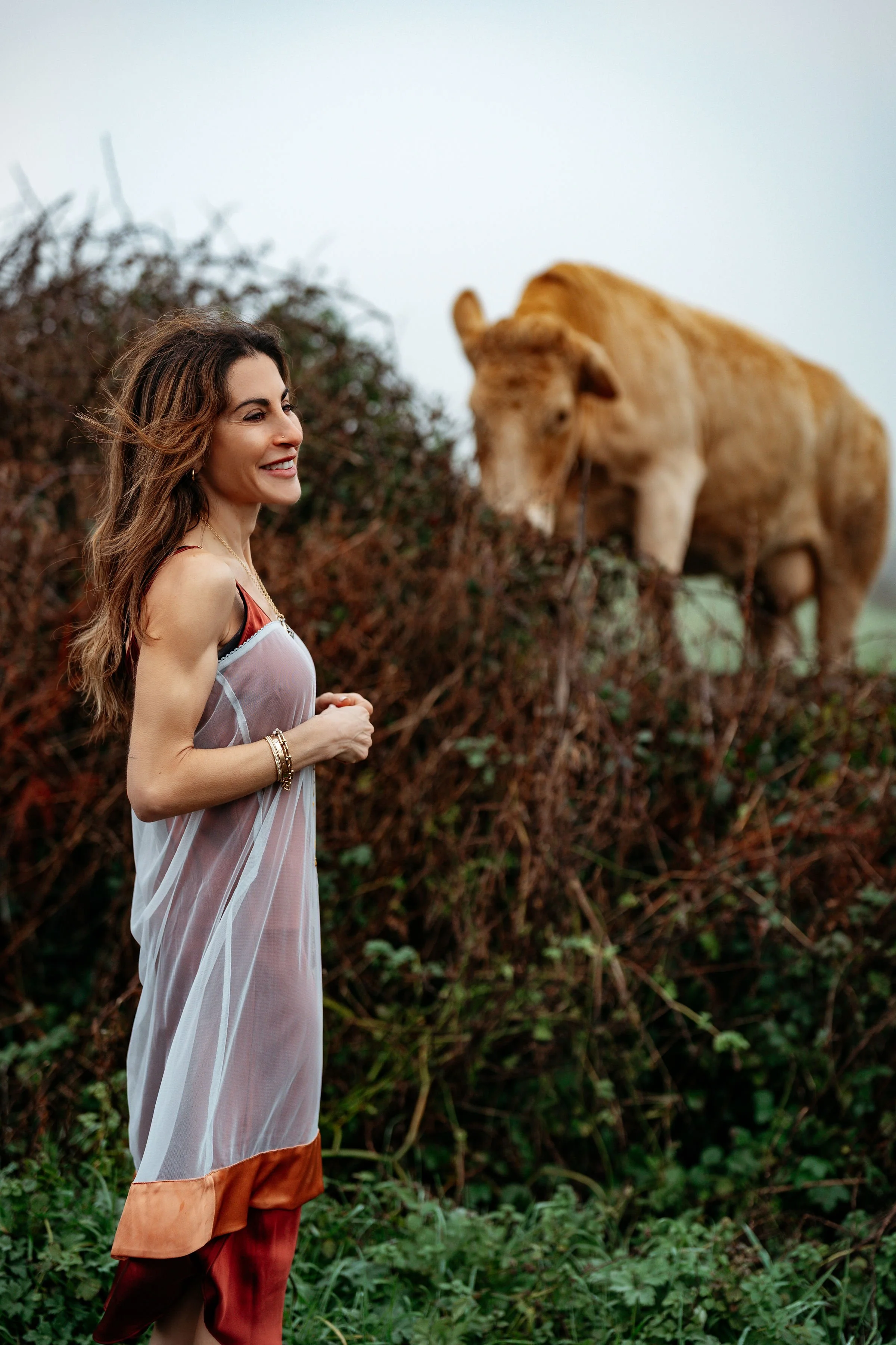 A photo of Lauren Rae standing in a lavender slip dress in the country side with a cow in the background. 