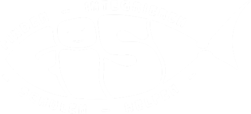 Logo mit dem Text 'Finden - Integrieren - Schulen - Helfen' und einem Fischsymbol.