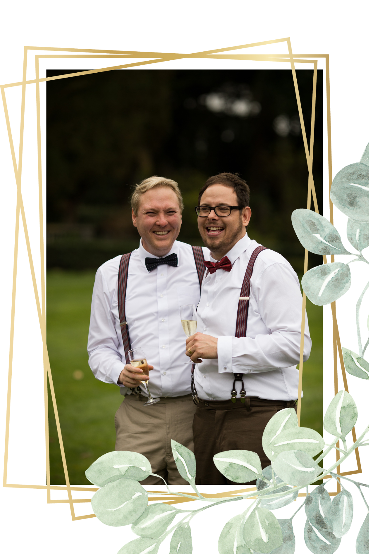 Two men in white shirts, suspenders, and bow ties smiling and holding glasses of champagne outdoors, with a blonde man on the left and a man with dark hair and glasses on the right.