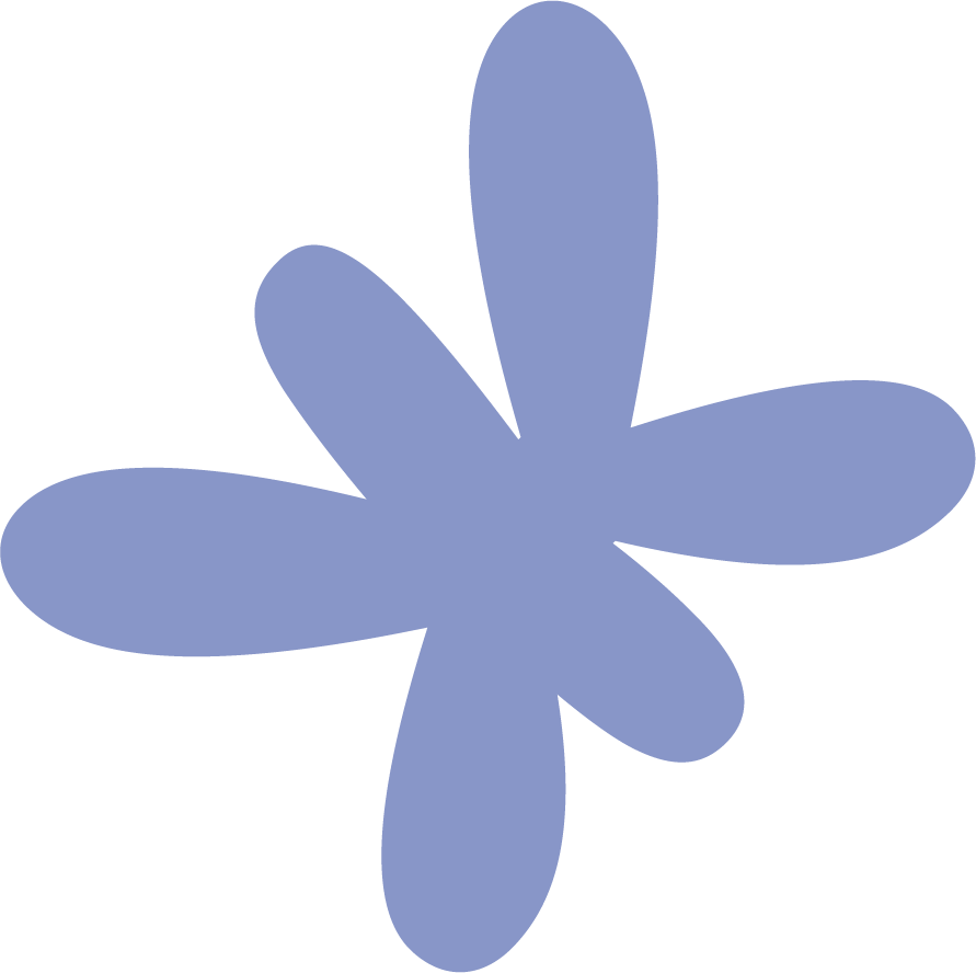 A stylized illustration of a blue flower with six elongated petals on a black background.