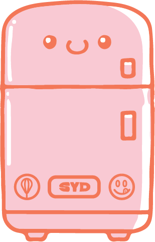 Cute pink cartoon refrigerator with smiling face and playful icons.