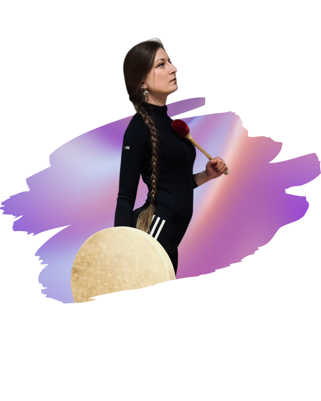 Woman holding a shamanic drum and mallet against a soft purple background, symbolizing drumming journey sessions and rhythmic sound therapy.
