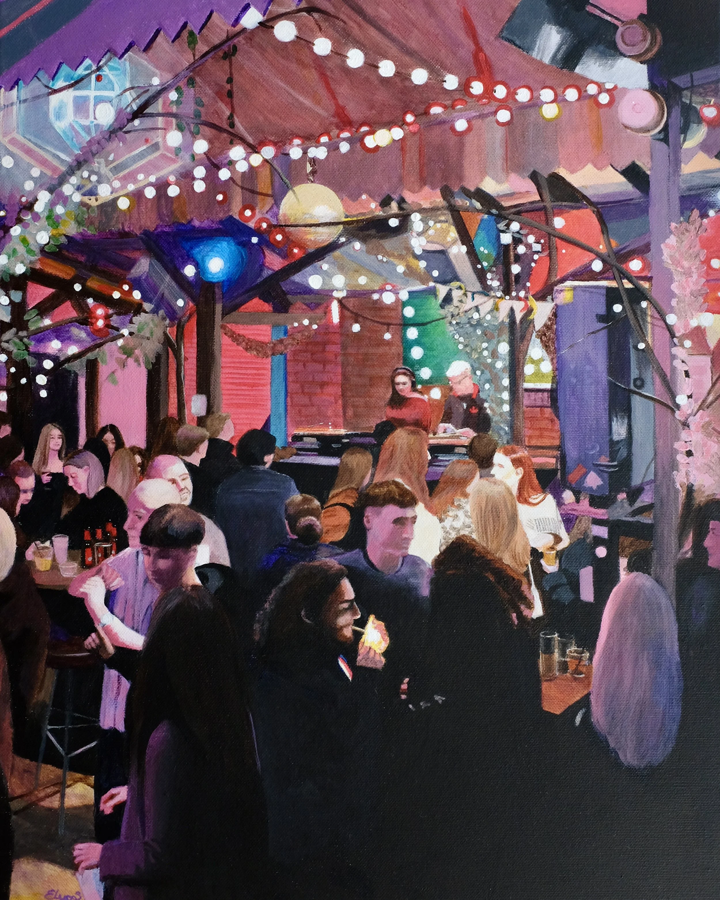 First Friday of the Month (NoPopNoStyle at the Kazimier Garden, Seel Street, Liverpool) 40 x 50 cm, acrylic painting on canvas, 2026. 
Featuring DJ’s Keith Marley and Pinar (aka Subcora) of DJ collective NoPopNoStyle, at the Kazimier Garden, Seel Str