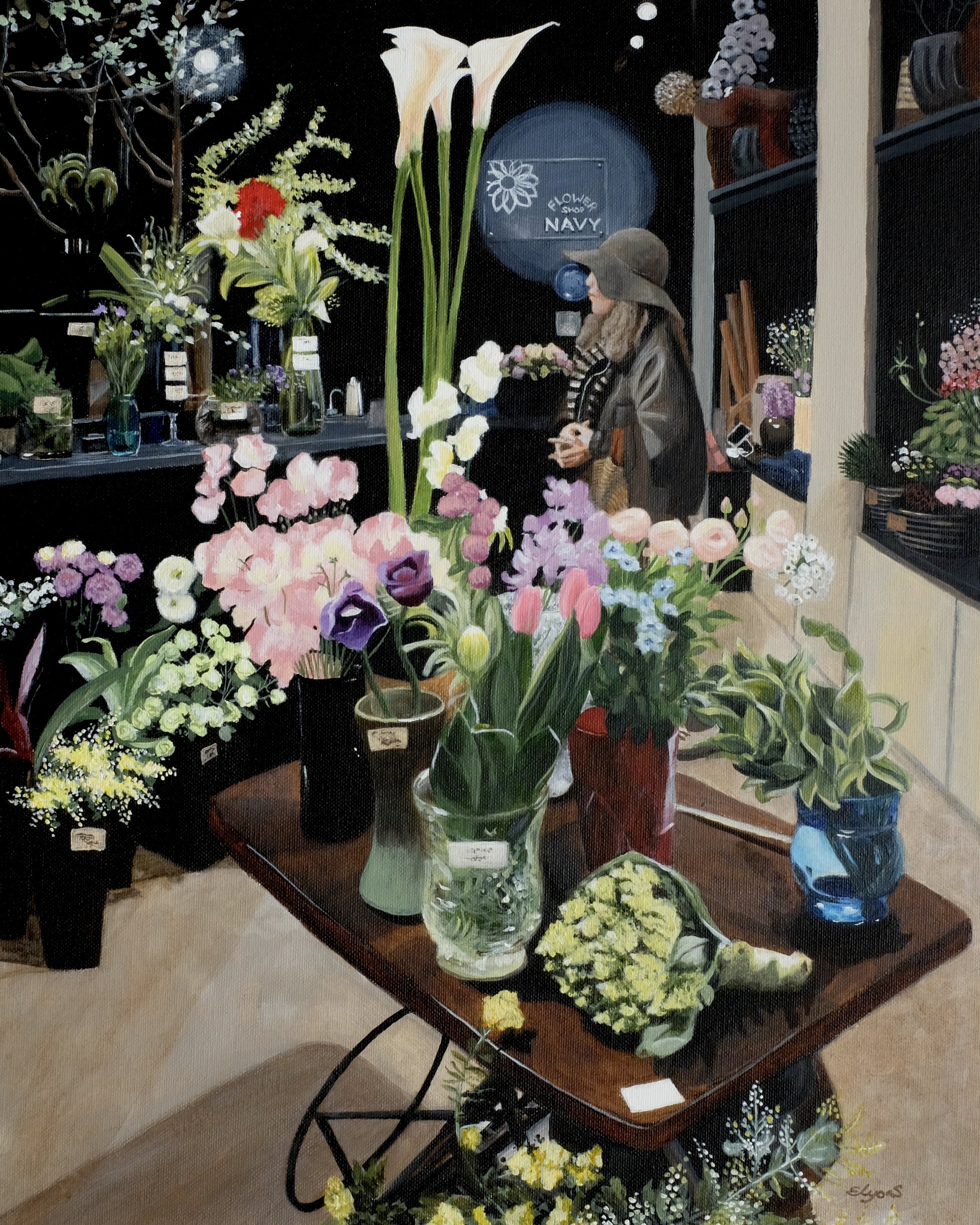 Junko in the Flower Shop 40 x 50 cm 
Acrylic painting on canvas
2026
UK based Ikebana tutor, Junko Popham, visiting Flower Shop Navy, floral boutique, Shimogyo-ku, Kyoto, Japan, March 2019.
