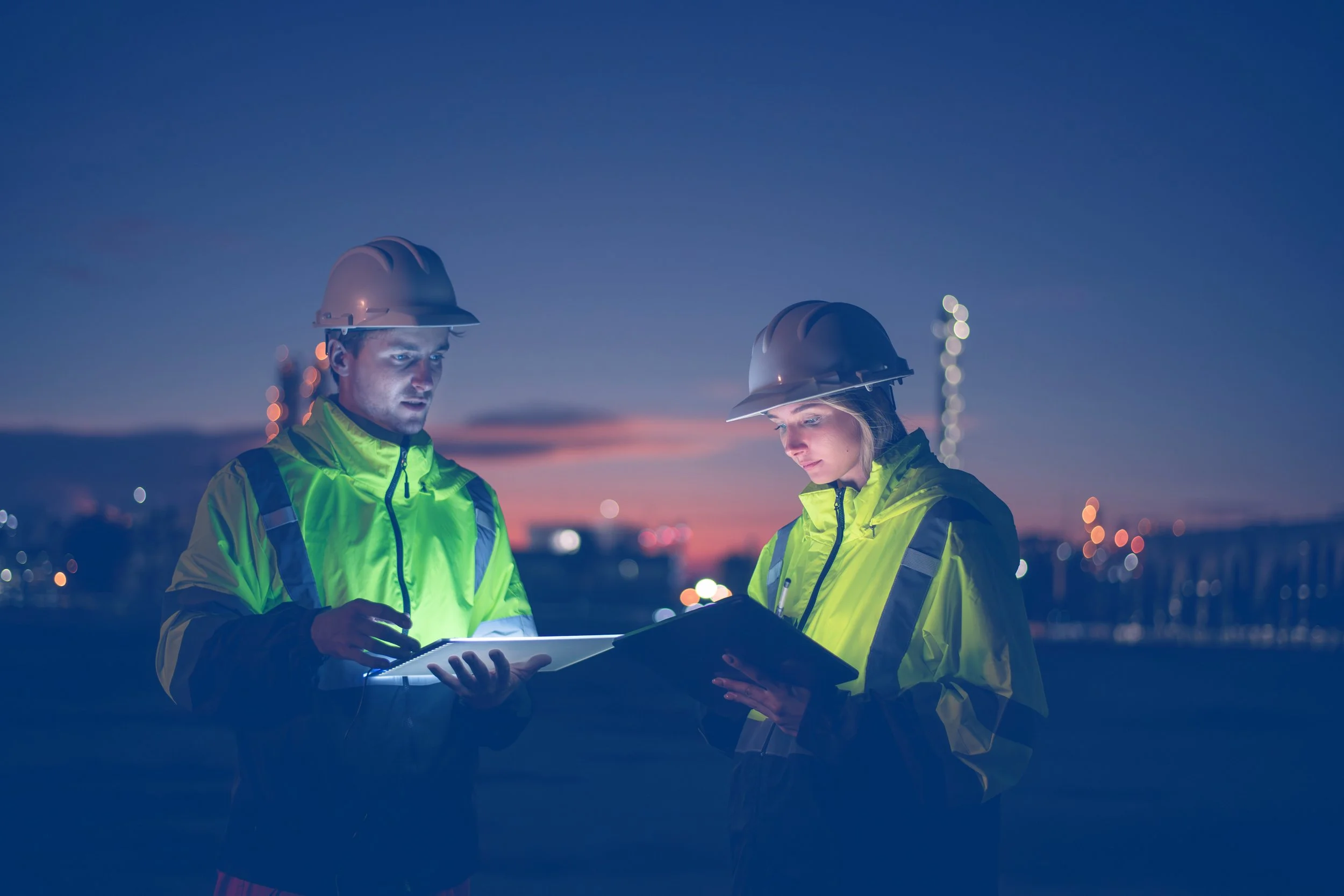 Two construction workers wearing safety helmets and bright yellow jackets reviewing plans at dusk with city lights in the background.