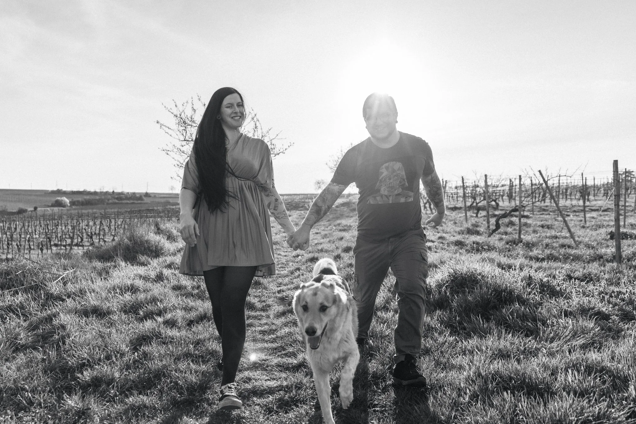 Paar läuft Hand in Hand mit Hund im Weinberg bei Sonnenuntergang – Paarfotografie Dennis Kiefer Mainz