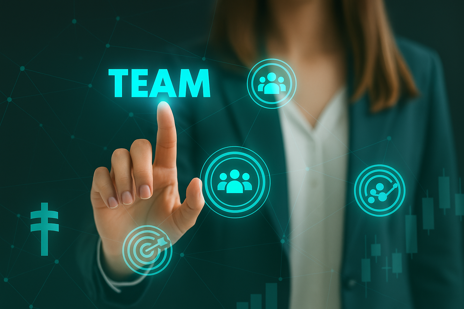 A woman in business attire interacts with a digital interface displaying the word 'TEAM' and various icons representing people, targets, and growth.