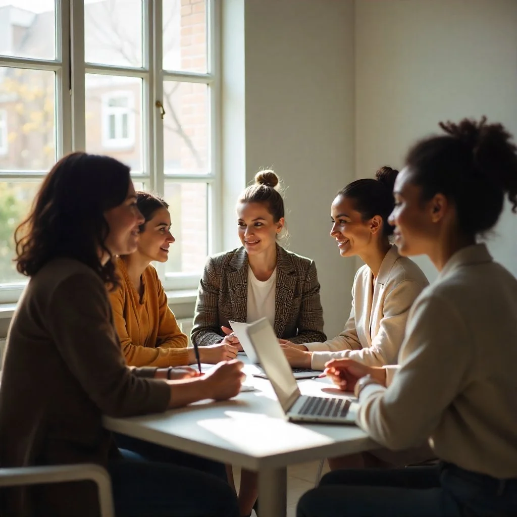 Five women sitting around a table in a meeting room, engaged in conversation, with a laptop and papers on the table. Bright natural light from large windows illuminates the room.