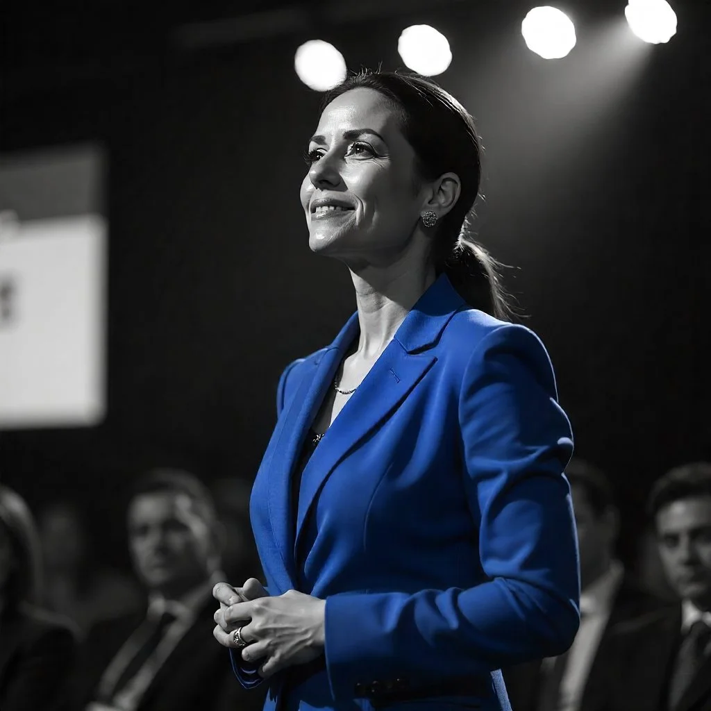 A woman in a blue blazer standing on stage with bright lights above, smiling as she looks forward. Black and white background with blurred audience members.