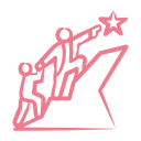 Pink illustration of a person reaching for a star on a mountain peak.