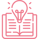 Icon of a light bulb above an open book in pink outline.