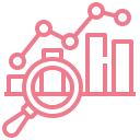 Icon of a magnifying glass over bar charts and connected nodes, representing data analysis or discovery.