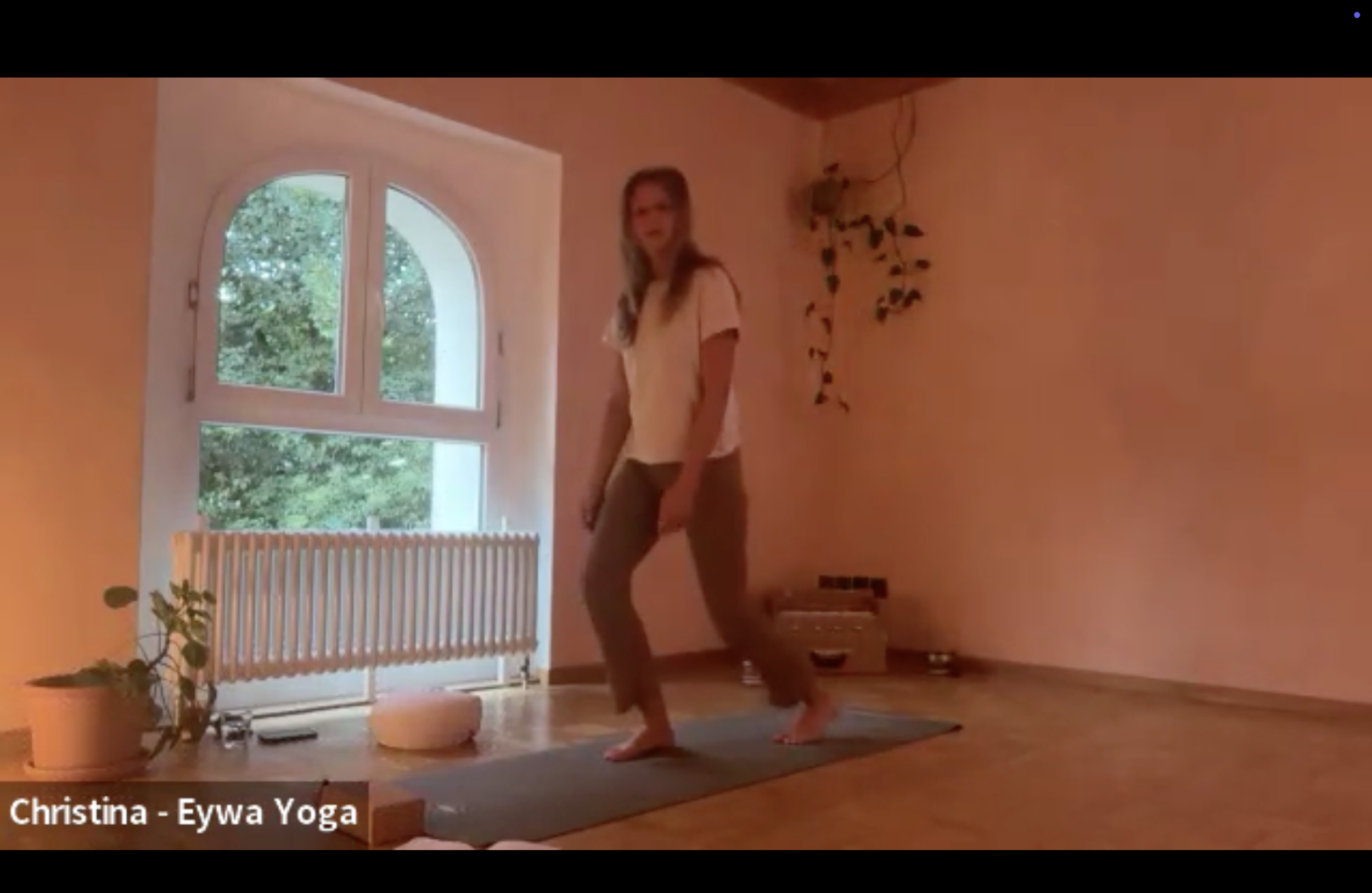 Eine Frau führt Yoga-Übungen in einem hell erleuchteten Raum durch, mit einem Fenster im Hintergrund, durch das Bäume zu sehen sind. Es scheint eine Yoga-Klasse zu sein, genannt Christina - Eywa Yoga.
