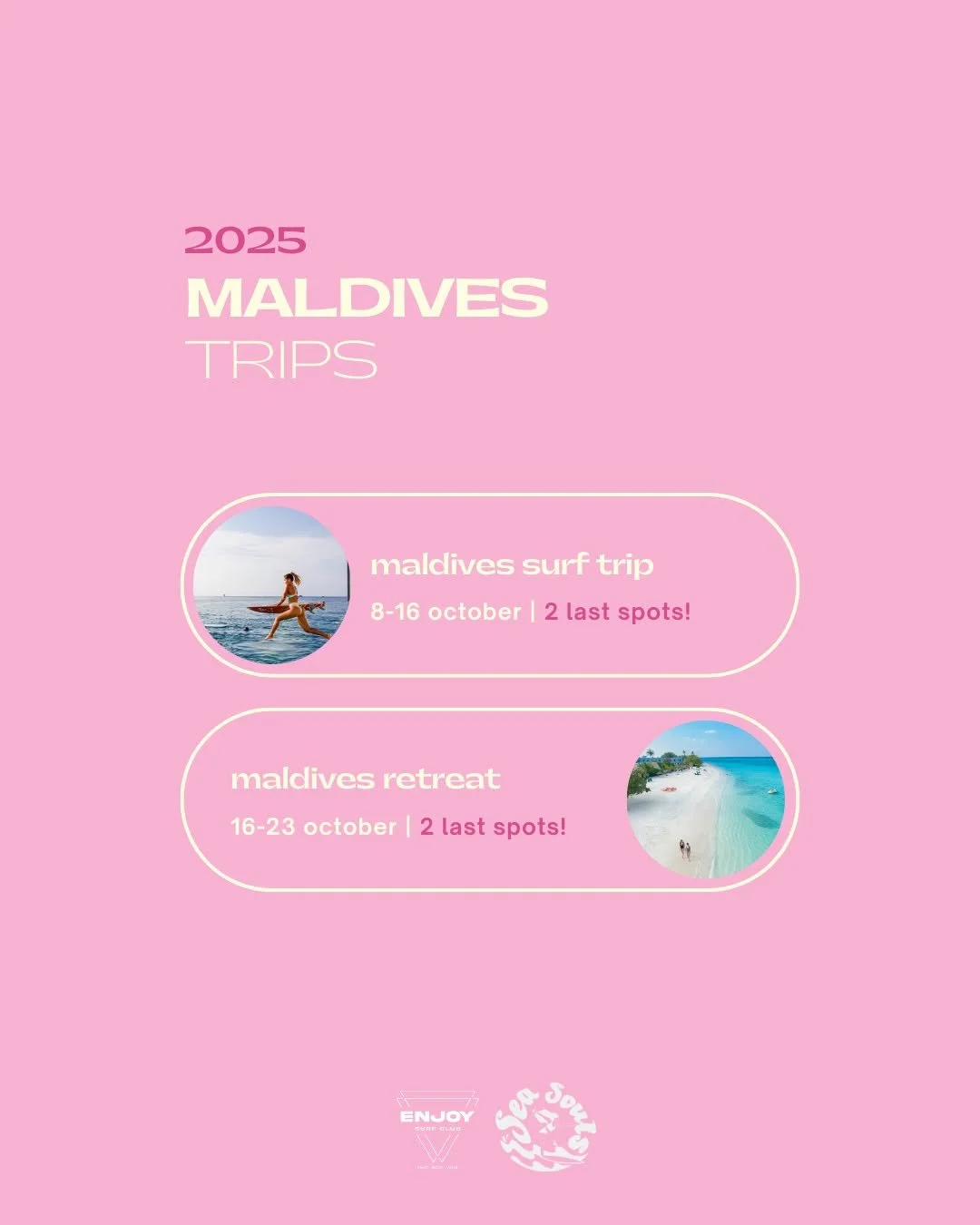 last spots for the maldives 🌴☀️ don&rsquo;t miss this once-in-a-lifetime experience!
week 8-16: intermediate level, for surfers with some experience 🏄&zwj;♀️
week 16-23: yoga retreat, snorkeling and beginner sur f&zwj;🤿
book now, don&rsquo;t miss 