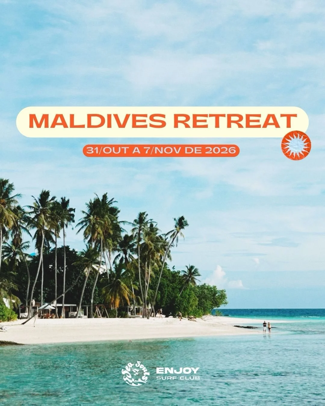 MALDIVES RETREAT 
31Out - 7Nov, 2026

Um retiro nas Maldivas pensado para quem quer abrandar e reconectar com o mar. Ao longo da semana, combinamos pr&aacute;ticas de yoga e journaling com snorkeling, inicia&ccedil;&atilde;o ao surf e outras experi&e