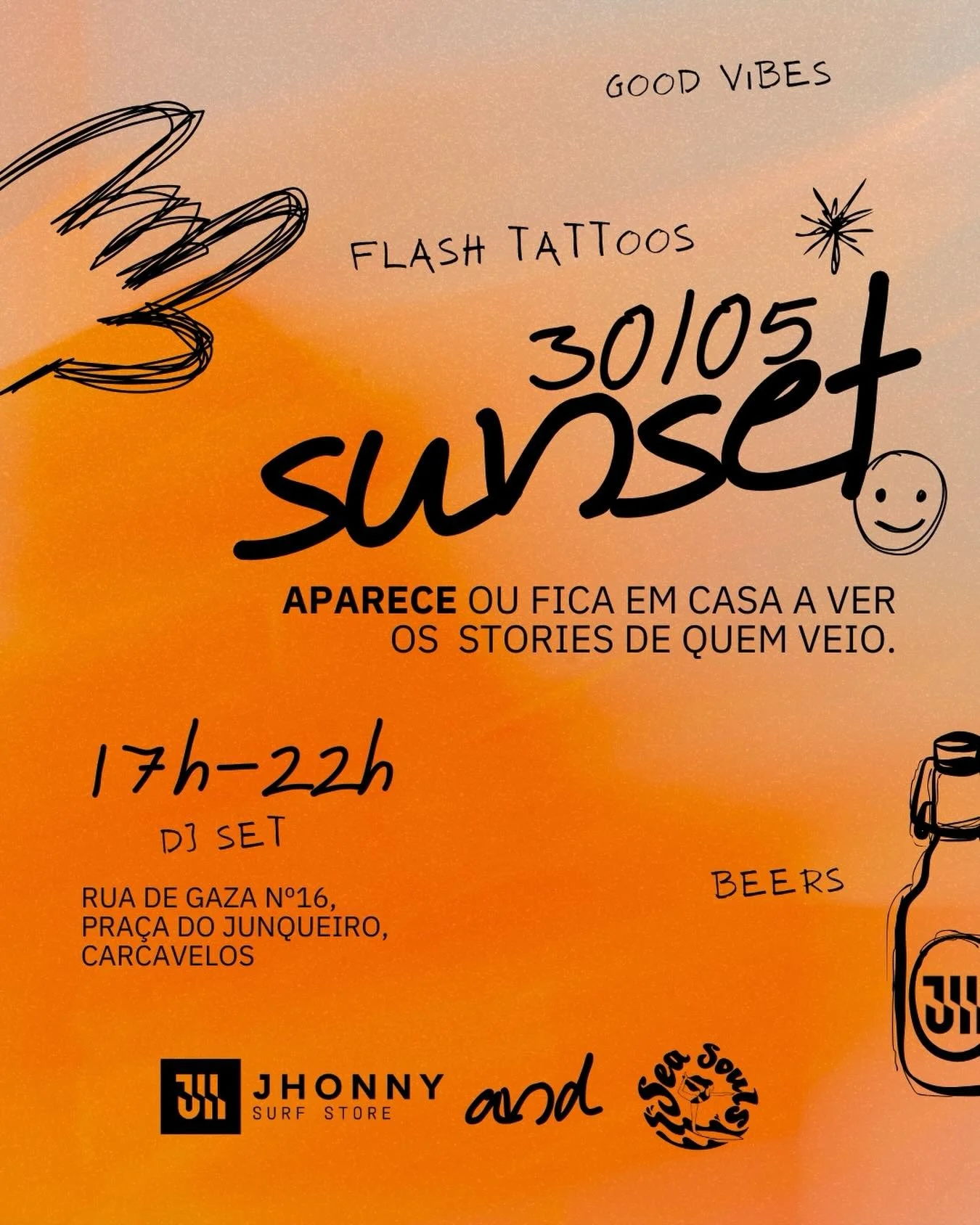 Dia 30 de maio, algo diferente de tudo o que j&aacute; fizemos!
Das 17h &agrave;s 22h, sunset na Johnny Surf Store em Carcavelos 😎

Um encontro gratuito da comunidade Sea Souls para juntar a malta, criar novas conex&otilde;es e rever caras conhecida