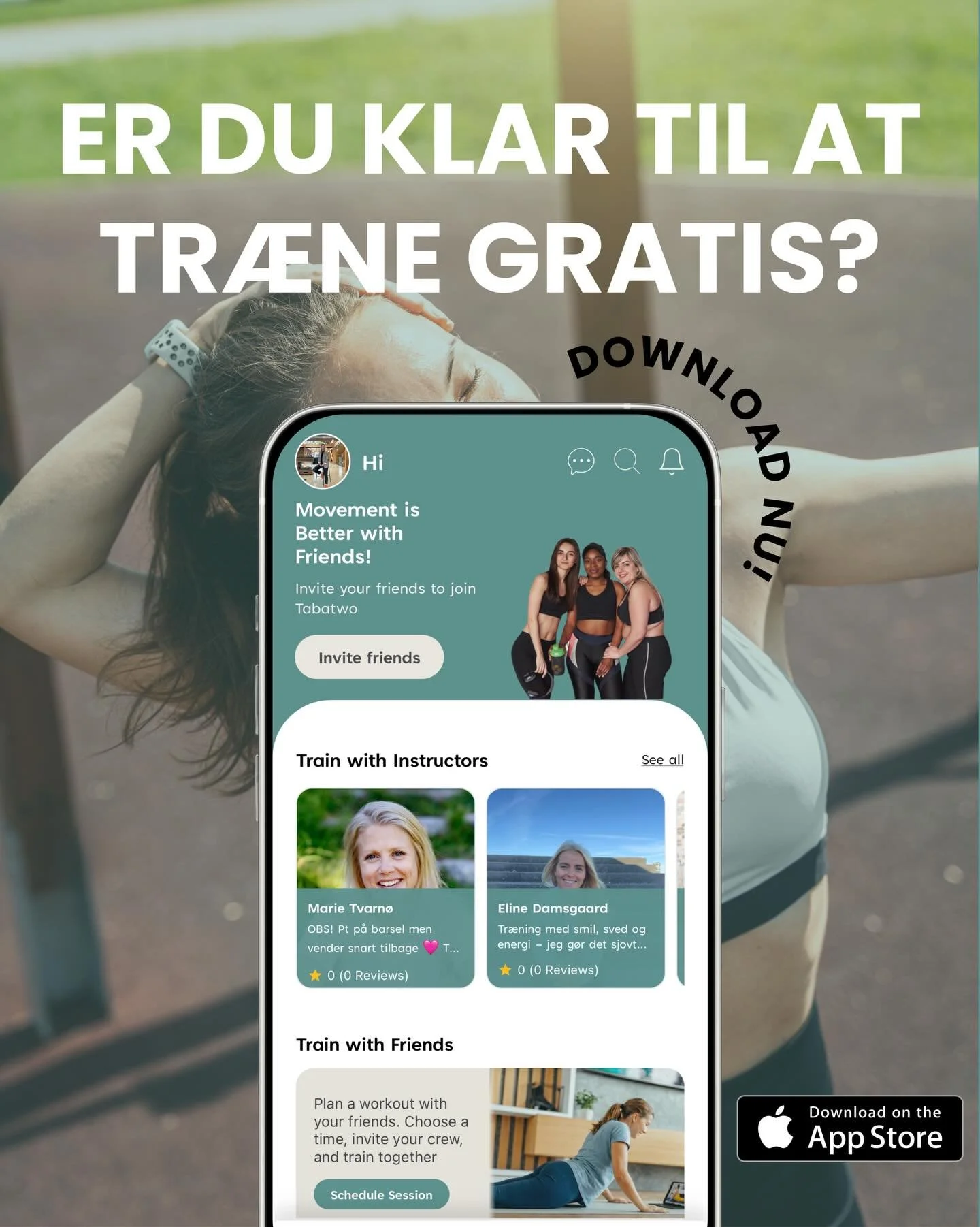 Du har fulgt med.
Set os bygge. Justere. Teste.

Nu er vi live. 🚀

Tabatwo er gratis - og du kan downloade appen nu.

Tr&aelig;n med dine venner 🤝
Book en instrukt&oslash;r 🧘&zwj;♀️
Eller start med 10 minutter i stuen.
N&aring;r du vil - hvor du v
