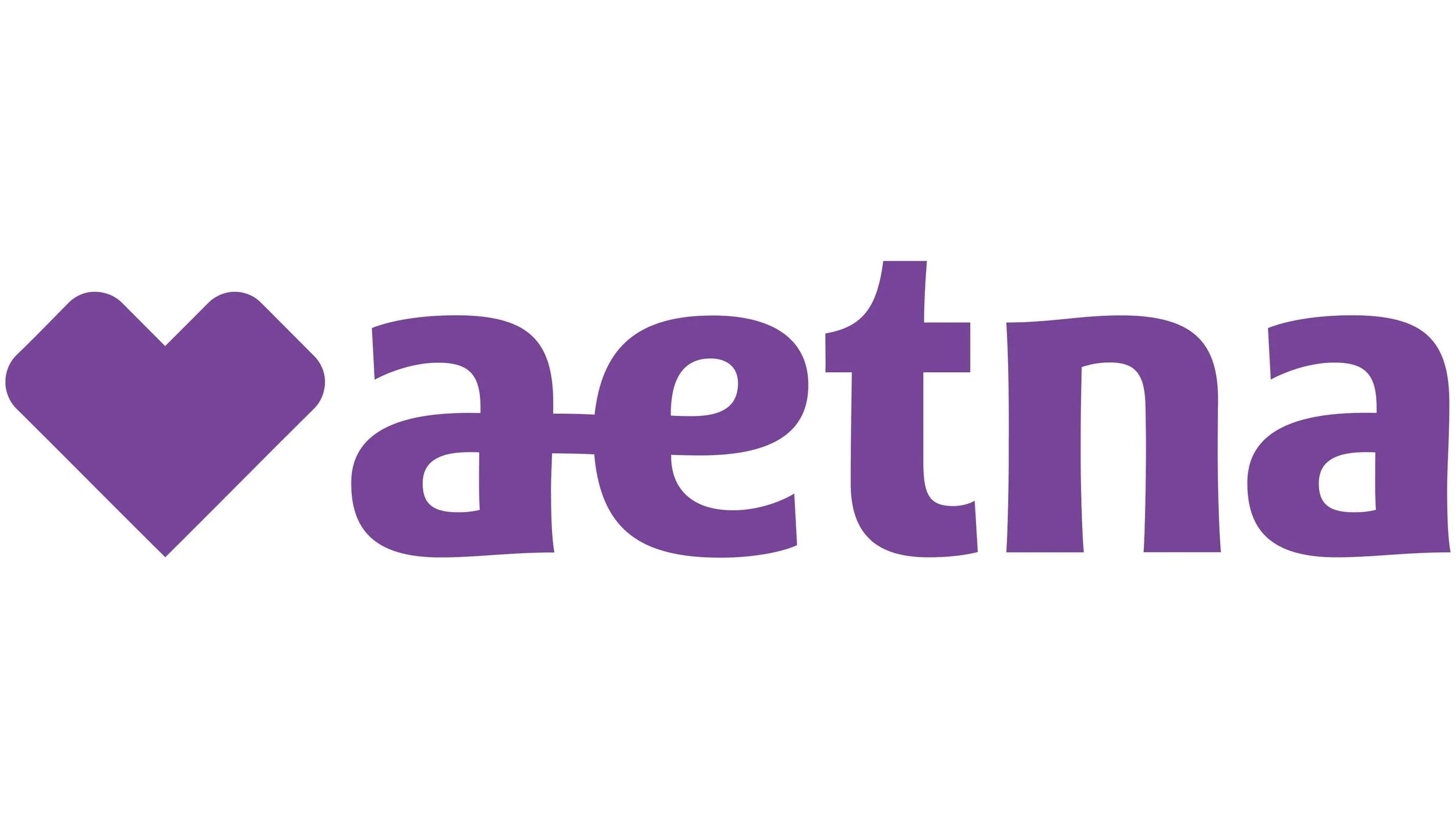 Purple text that says 'I love Aetna' with a purple heart icon on a white background.