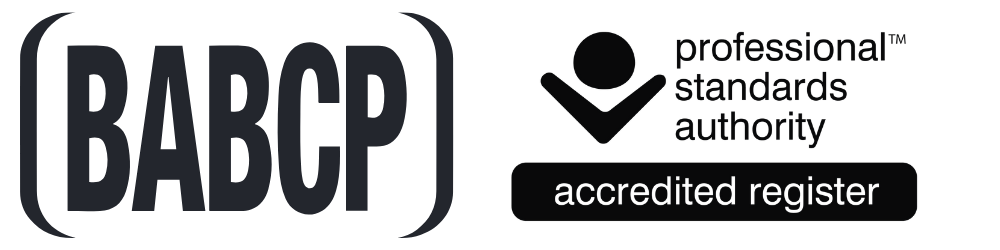 Certification logo with the initials BABCP, along with the Professional Standards Authority accreditation and a phrase indicating an accredited register.
