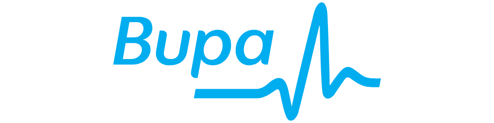 Bupa logo with blue text and a heartbeat line
