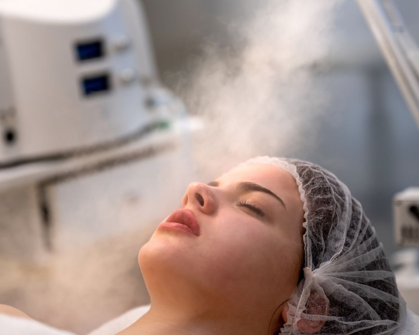 A woman lying on a medical bed having Hyro Microdermabrasion facial