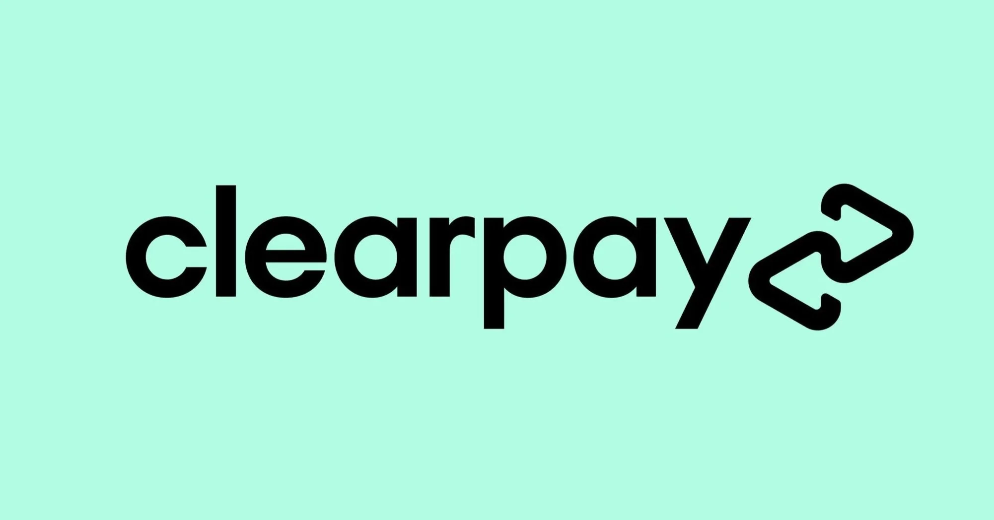 Clearpay logo with black text and an overlapping arrow symbol on a light teal background.
