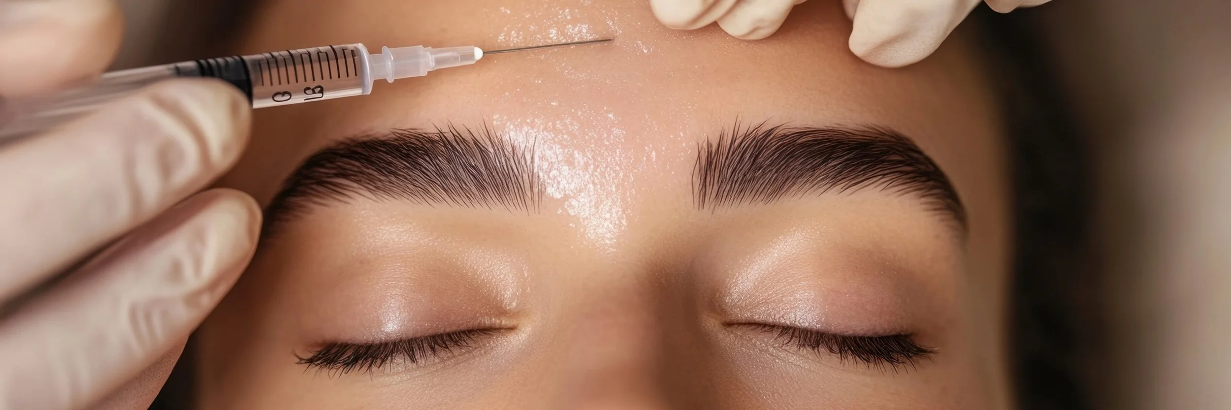A person receiving an injection in the forehead area during a cosmetic procedure.