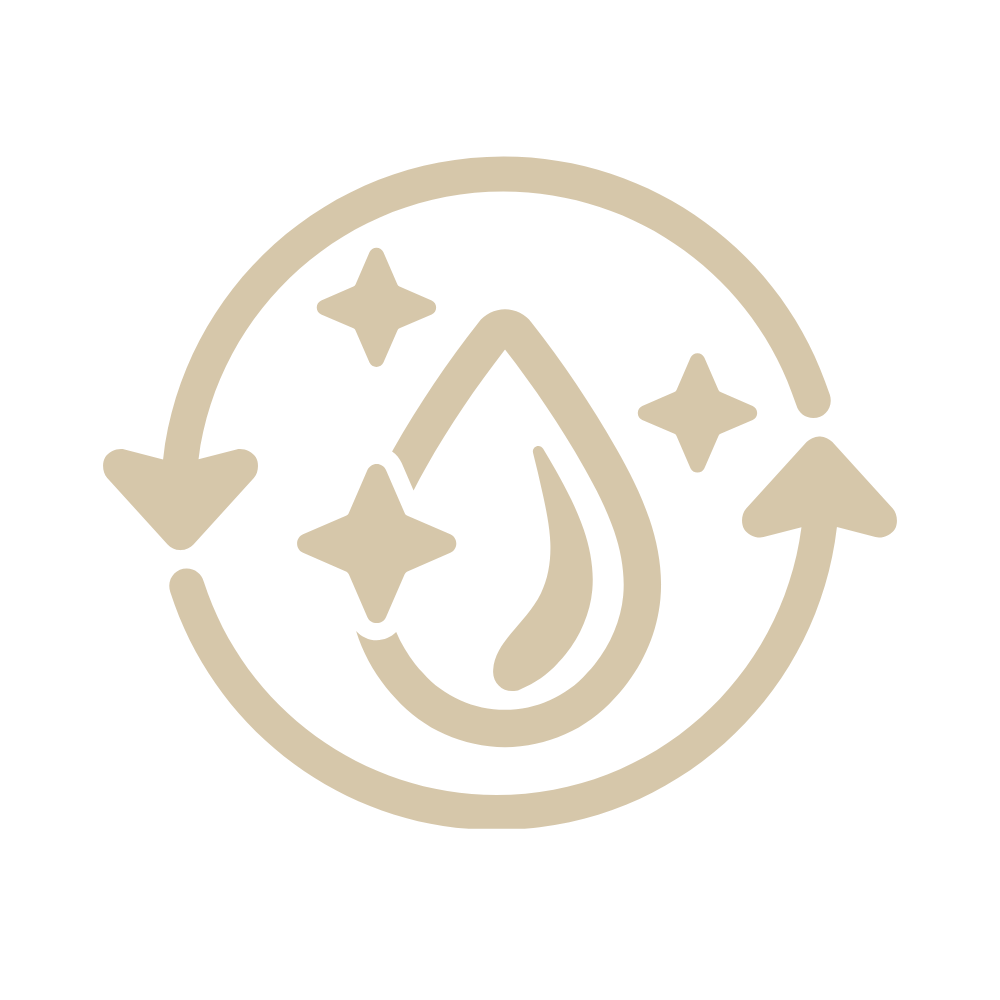 gold icon os a water droplet with a circle with arrows around it to represent hydration