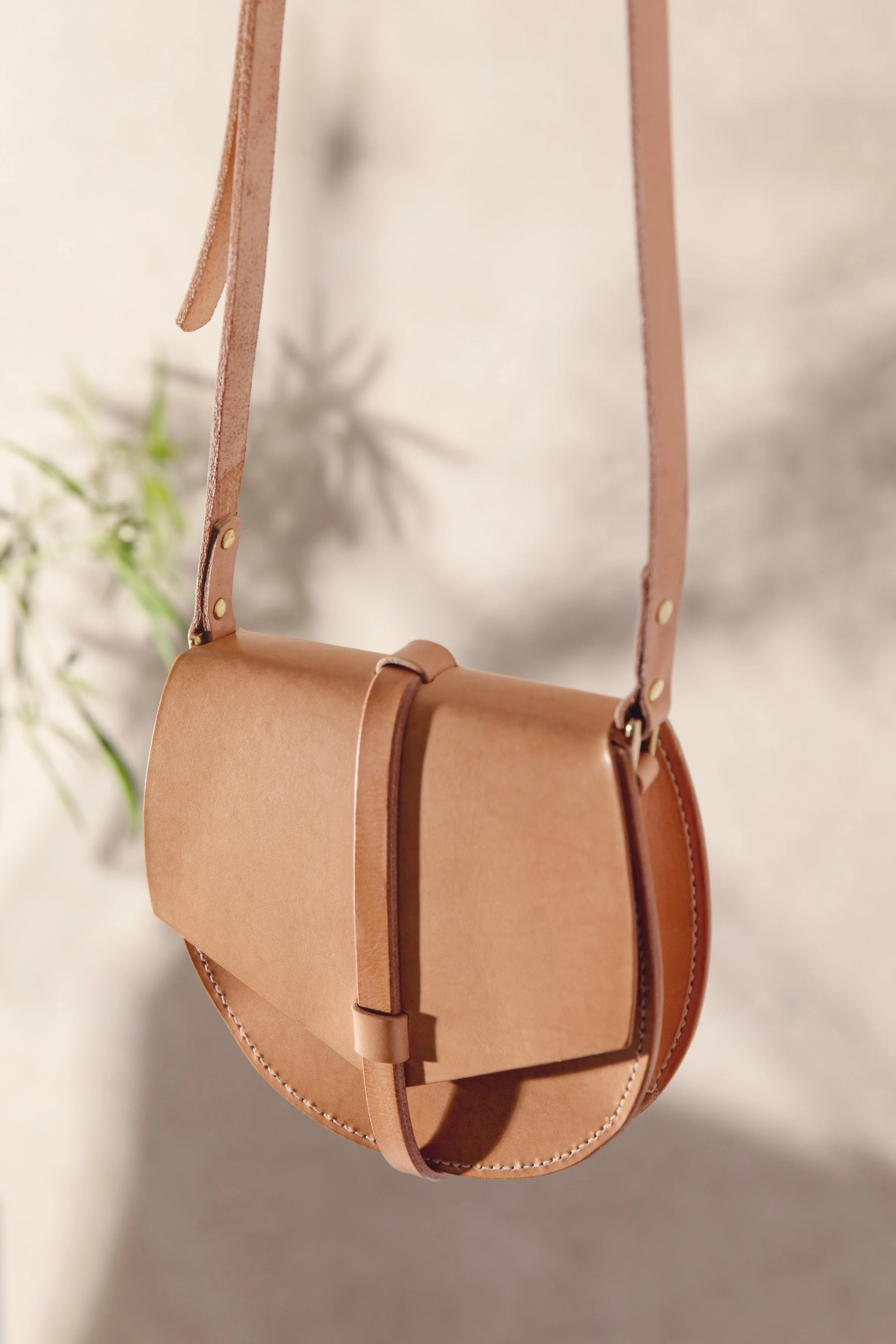 A tan leather crossbody bag hanging on a wall with a plant in the background.
